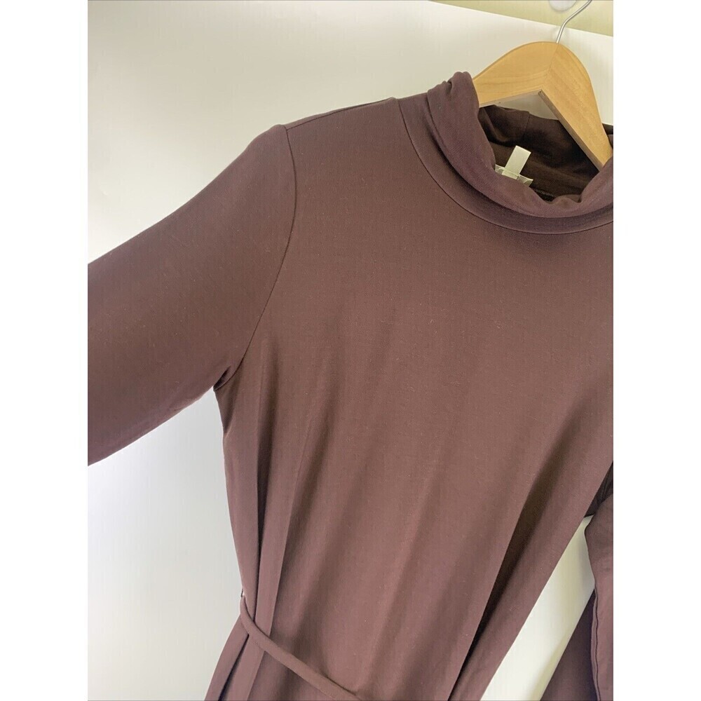 Garnet Hill Turtleneck Midi Dress Brown Tencel Slit Tie Belt Knit Stretch Medium - Picture 4 of 12